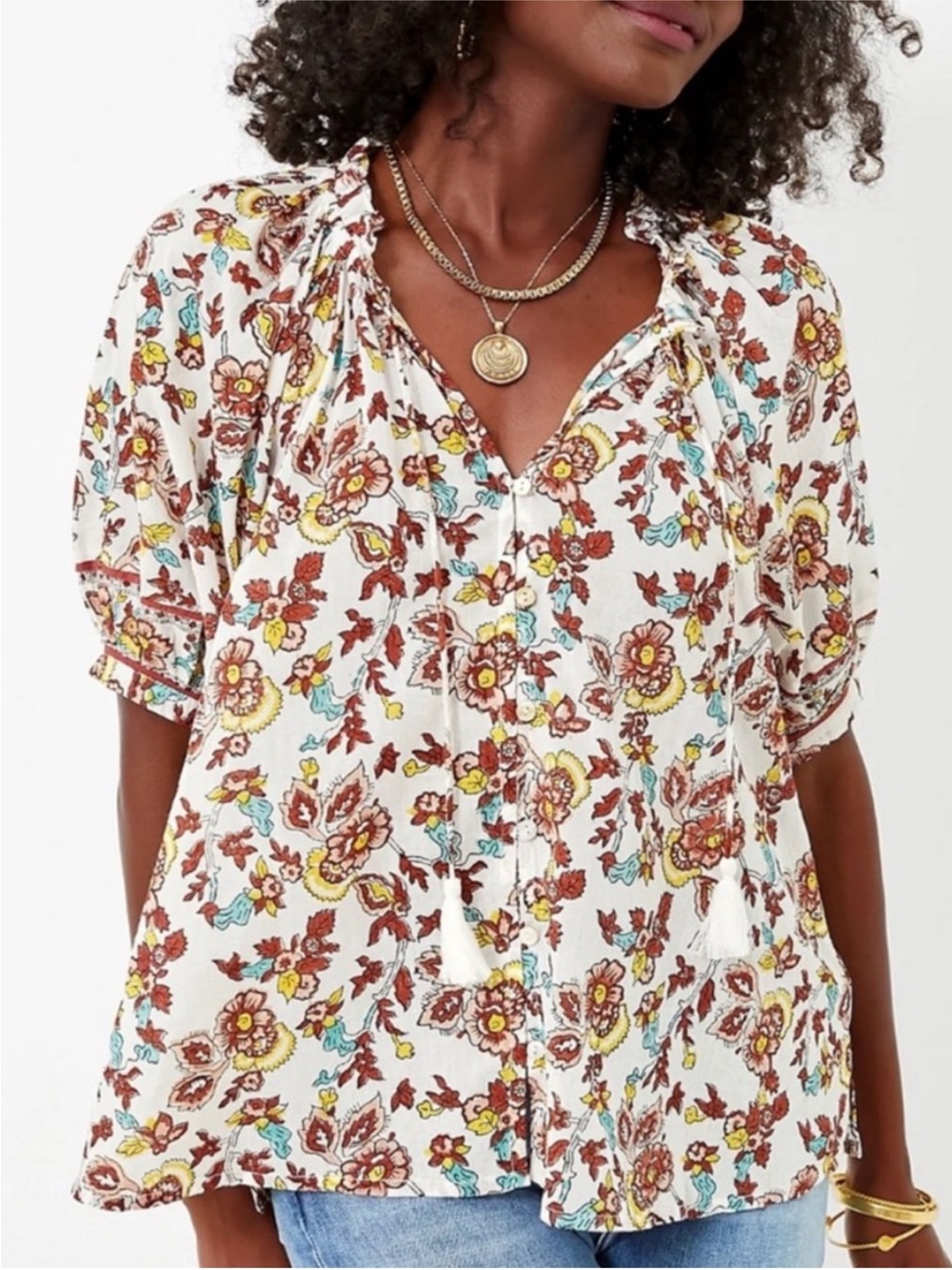 Cleobella White Floral Button-Front Peasant Top with Rust & Yellow Accents